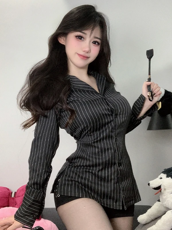 

Sweet Striped Long Sve irt Waist Cinched Suit Collar Sle for Young Women Spicy Teacher BF Boyfriend Faion Commute Sle
