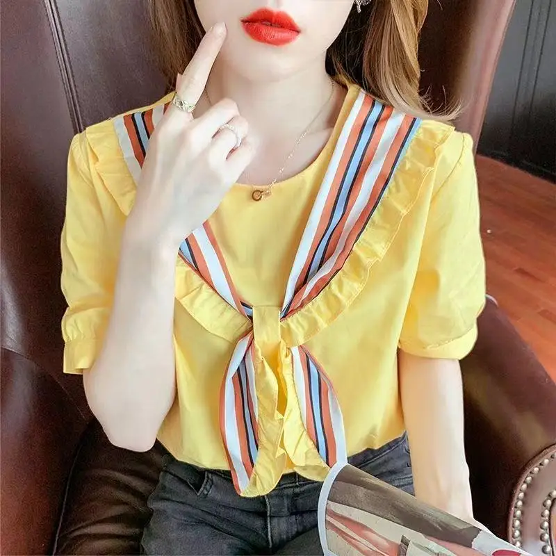 Top For Woman White Clothing Kawaii Women's Shirts And Blouses With Bow Short Sleeve Cute Frill Ruffle Offer Youthful Emo Tall