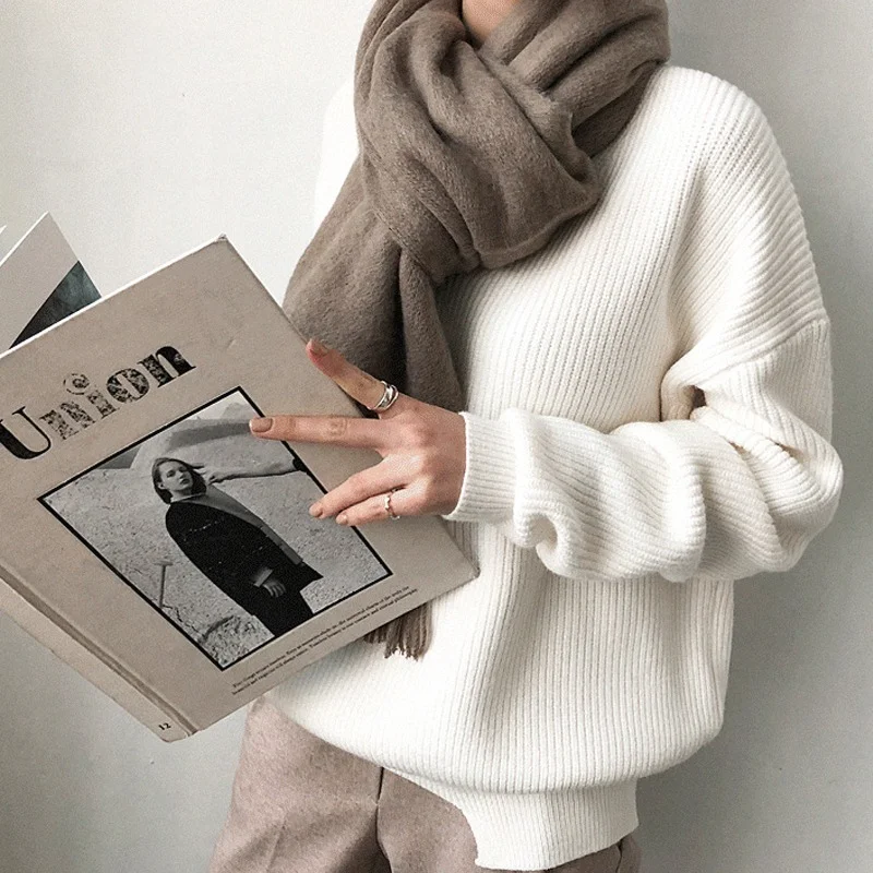 Fashion Korean Knitted Solid Women Sweater Elegant V-Neck Tops Casual Loose White Pullover Autumn Winter Clothes Pull Femme 7290