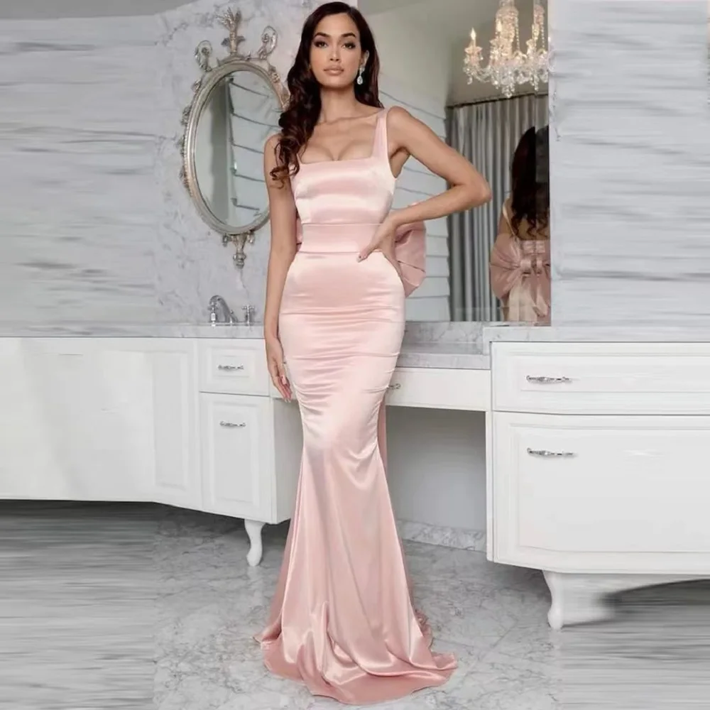 

2023 Pink Elegant Long Mermaid Prom Dresses For Women With Big Bow Backless Arabic Aso Ebi Eveing Party Gowns