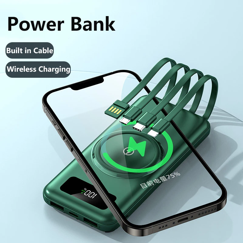 Portable Power Bank 50000mAh with Built in 4 Cables Qi Wireless Charger Powerbank for iPhone 17 Samsung Xiaomi Huawei Poverbank view 3