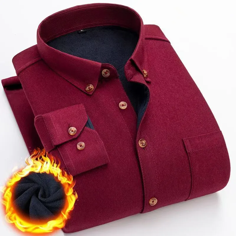 2025 Winter Men\'s Fashion New Corduroy Plus Fleece Thick Warm Shirt High Quality Solid Color Slim Casual Shirt