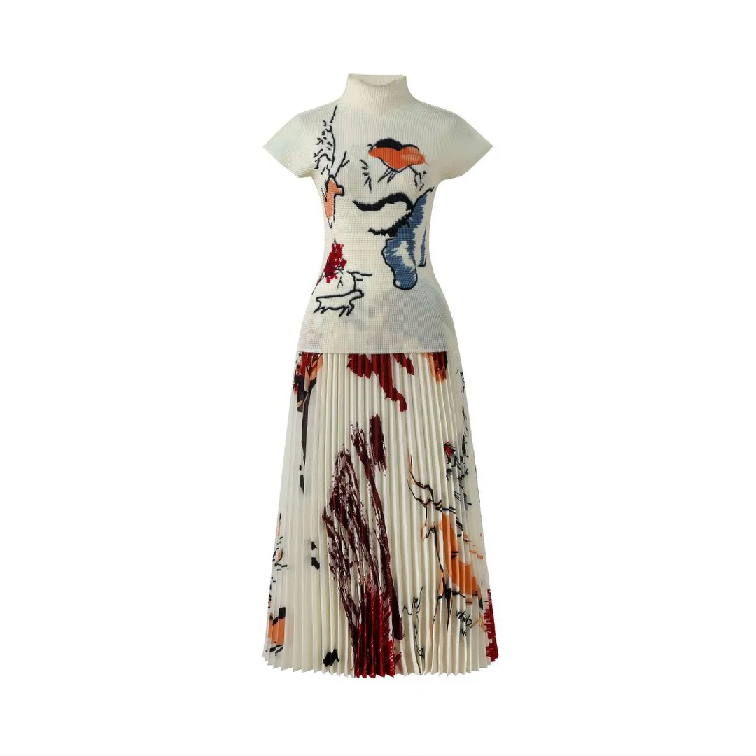 

Miyake Pleats 2025 Summer New Hand-painted Short-sleeved Corn Kernels Top Temperament Elegant Pleated Pleated Skirt Suit Women