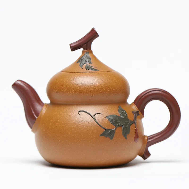 

Raw ore gold section mud famous all handmade purple clay pot craftsman made gourd teapot full set of certificate tea set