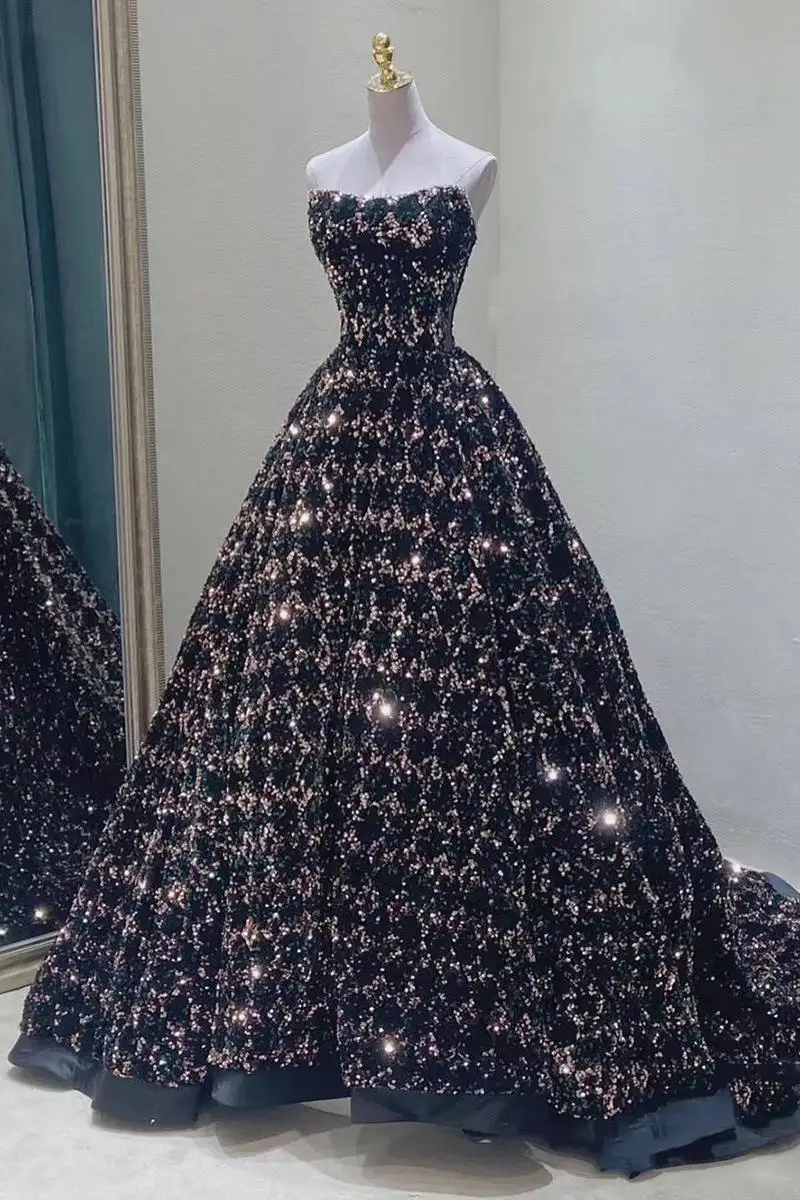 Temperament Black Strapless Prom Gown Sequin Luxury Backless Shiny Candy Color For Women Wedding Party Cocktail Evening Dresses