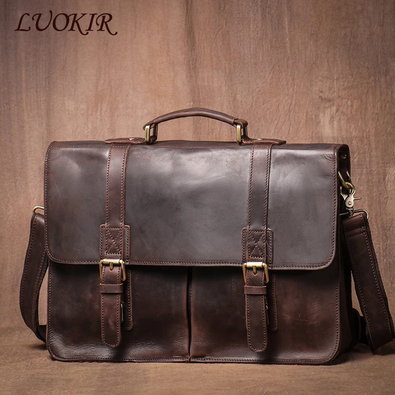 LUOKIR Vintage Crazy Horse teczka podróżna prawdziwa skórzana torebka luksusowa męska Messenger torba na komputer na ramię 14 Cal Laptop