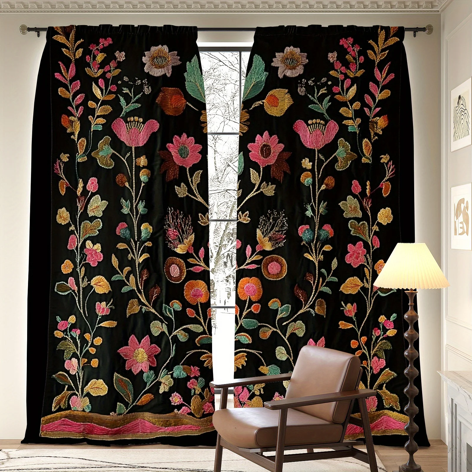 

2pcs Black Floral and Botanical Print Window Curtains Lightweight Polyester Drapes for Bedroom Living Room Privacy Protection