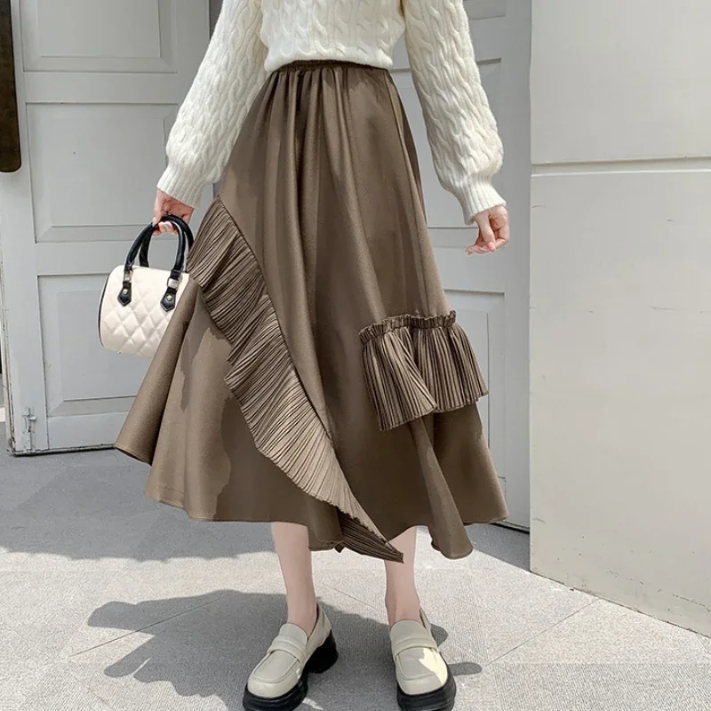 

Irregular Ruffles Pleated Skirt Women New Spring Autumn Vintage Elegant Korean Fashion High Waist A-line Midi Long Skirts Female