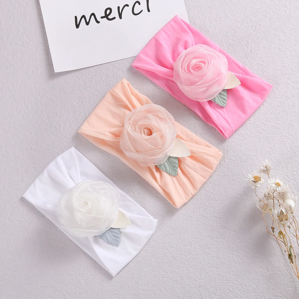 Fashion Lace Flower Baby Girls Headband Knit Nylon Hairband Kids Rose Headwear Newborn Hair Accessories Holiday Gift Photo Props