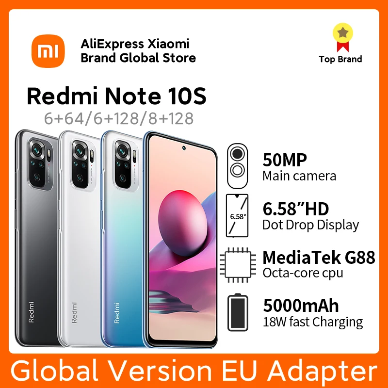 Global Version Redmi Note 10S Xiaomi Smartphone Cell Phone 6.43“ 64MP Quad Camera Helio G95 AMOLED DotDisplay 33W Fast Charge