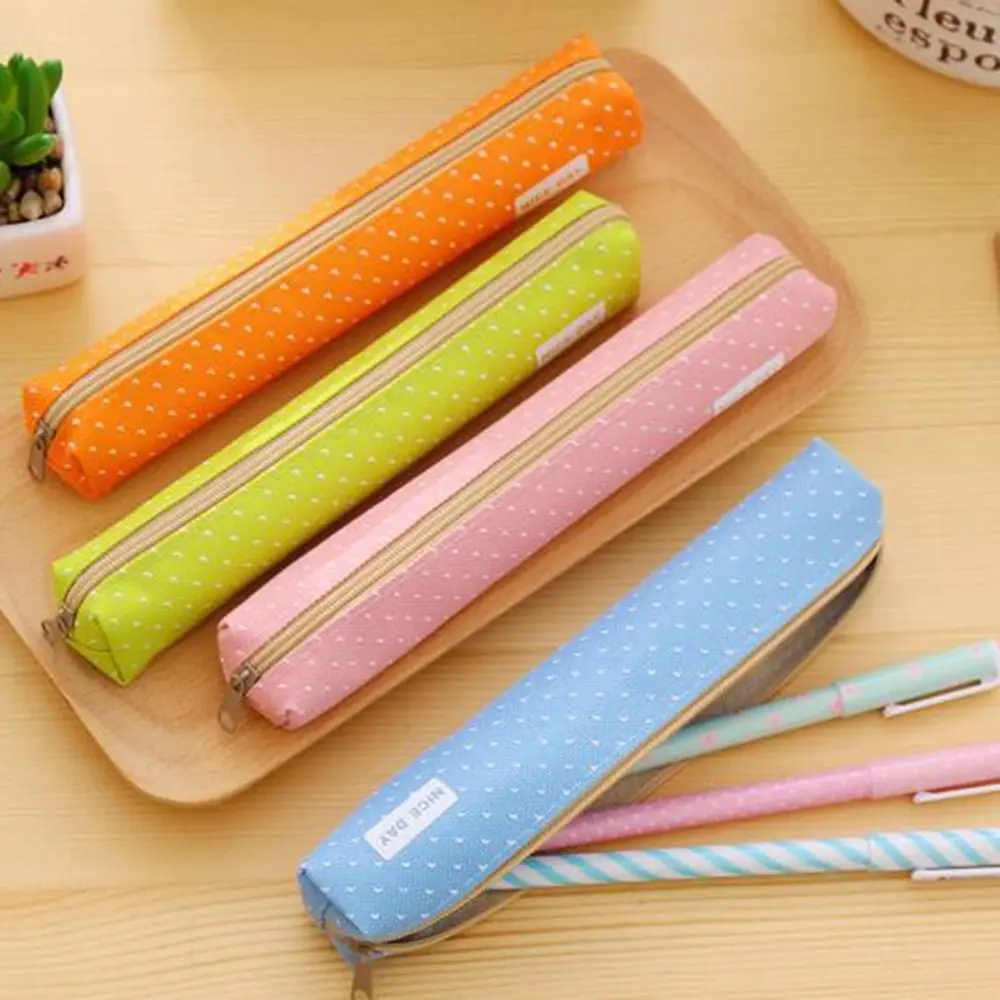 Bolsa de lápiz labial, estuche de lápices de tira larga con puntos en forma de tira, bolsa de papelería de lona, bolsa de lápices pequeña y fresca de Color caramelo para estudiante