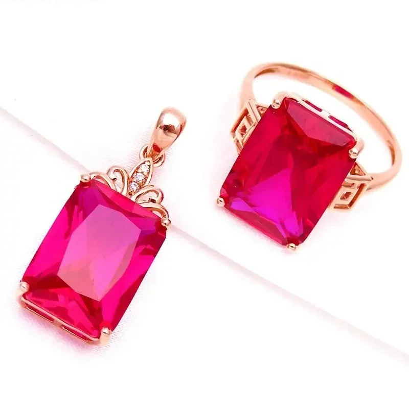 

585 Purple Gold Plated 14K Rose Gold Square Ruby Exaggerated Necklac Esrings for Women Delicate Luxury Engagement Jewlery Set