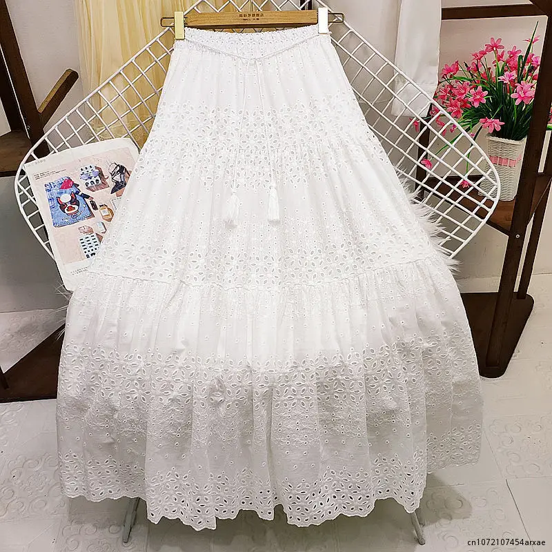 

Summer Elastic Waist Vintage Maxi Skirt Embroidery Hollow Out Long Cotton Skirt Women's Summer A-line Long Boho Skirt