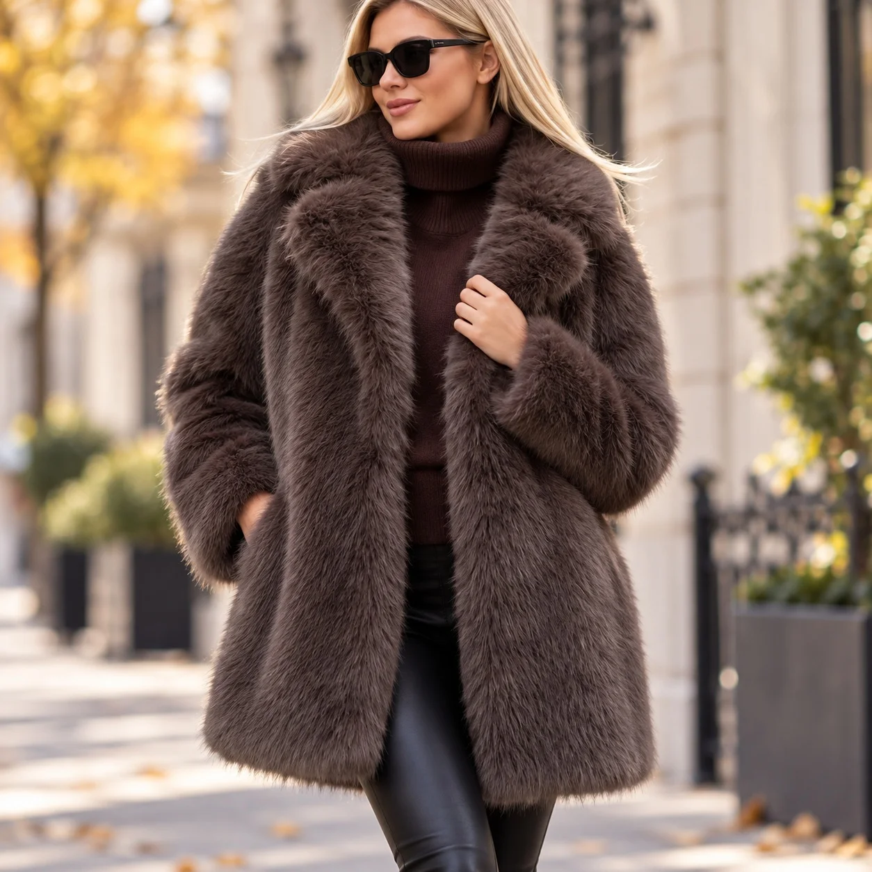 Pocket No Hood Coat Mid Length Elegant with Regular Sleeve Streetwear Long Sleeve Mid Long Length Notched Lapel Women Coat