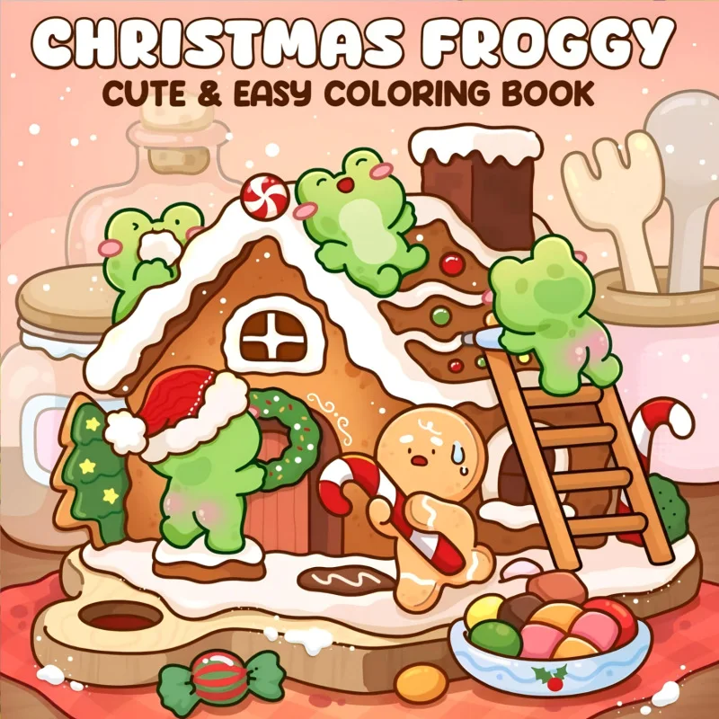 Christmas Froggy Coloring Book 24 Pages Cute Xmas Frog Gingerbread House Kids Easy Colouring