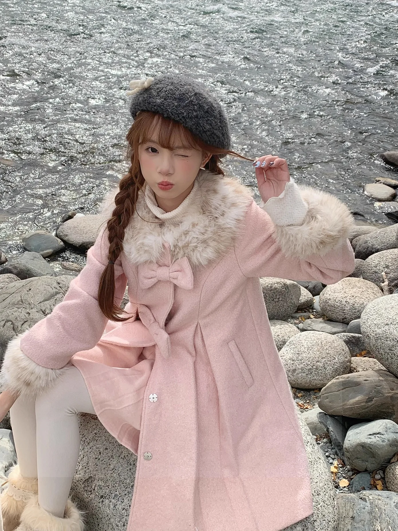 Japanese Style Sweet Elegant Mori Girl Fur Collar Bow Single-Breasted Long Sleeve Pink Wool Coats for Women Winter Long Jackets