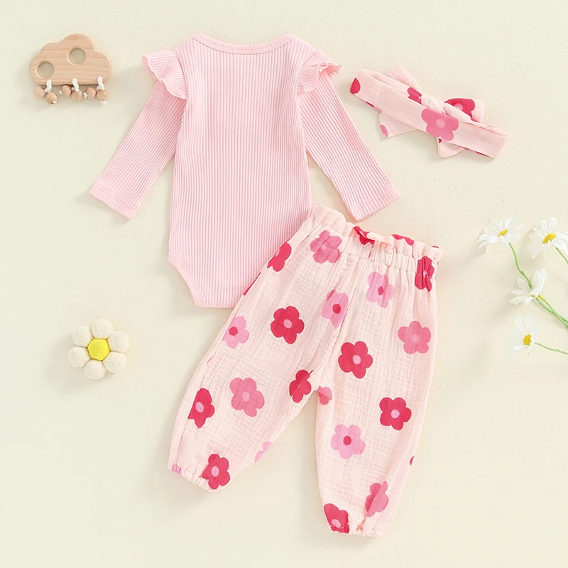 Pelele acanalado de manga larga para niñas pequeñas, conjunto de 3 piezas, pantalones florales, diadema, ropa infantil