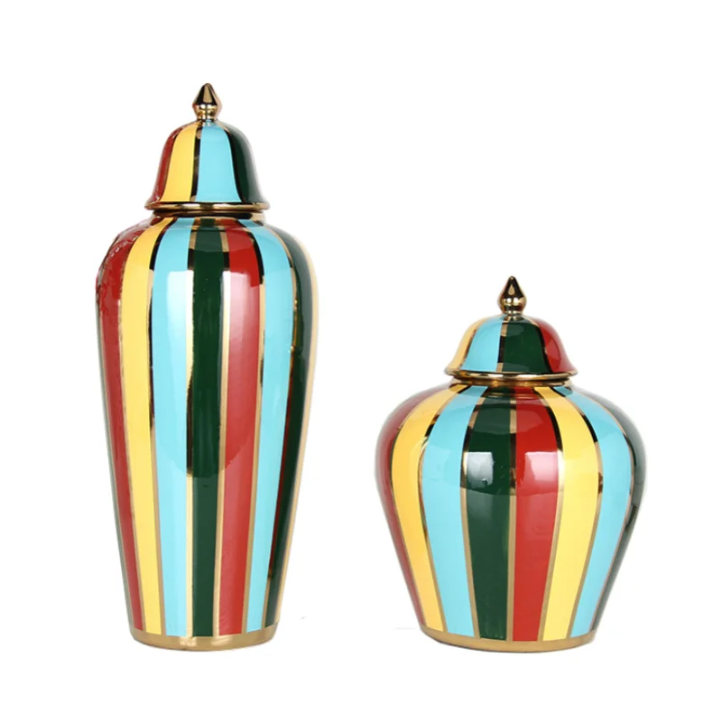 Ceramic Checkmate Jar Colorful Striped Ginger Jar Flower Vase Storage Tank Porcelain Handicrafts Ornaments Home Decoration