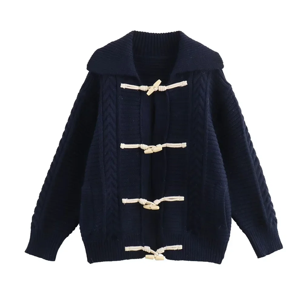 Pop 2024 Autumn New Product Women's Fashion Leisure Heavy Weight Collar Horn Button Knitted Cardigan Big Coat