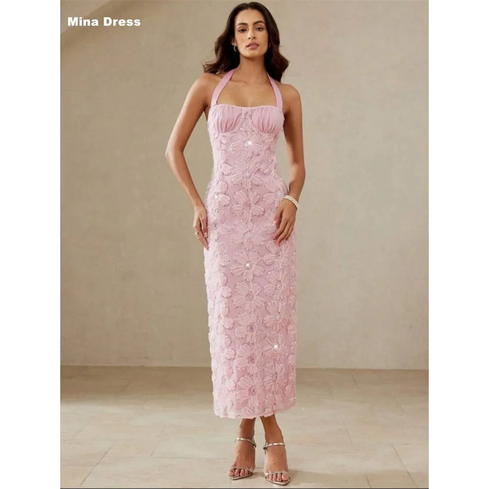 

Mina Customized Pink Jacquard Straight Neck Slit With Back Slit Prom Dresses 2026 Luxury Party Dress Elegant Women's Dresses