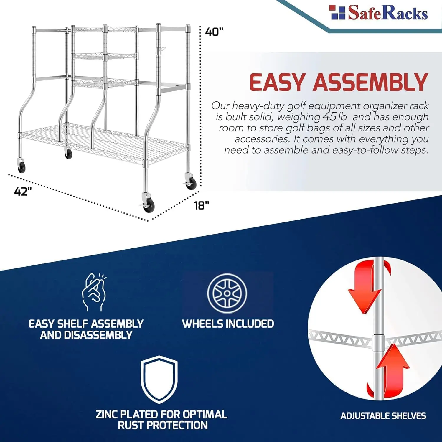 SafeRacks Golf Equipment Organizer Rack Golf Bag Storage Rack Garage Heavy-Duty Organization and Storage W/Steel Wire Shelf