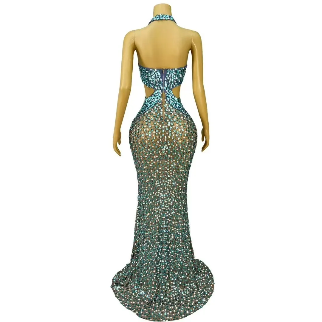 Women High Grade Elegant Evening Gowns Sparkly Seashell Sequins Rhinestones Sexy Hollow Out Trailing dress Prom Photoshoot Dress