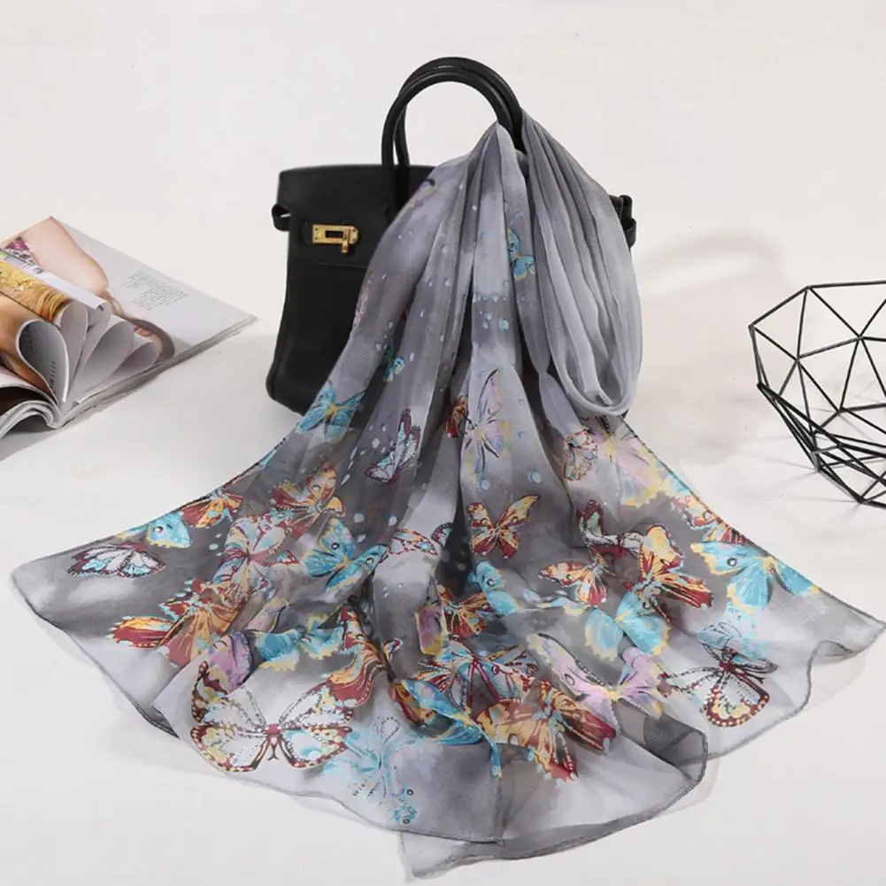 Stylish Faux Silk Scarf Colorful Chiffon Shawl Breathable Summer Butterfly Print Long Shawl Wrap  Dress Up