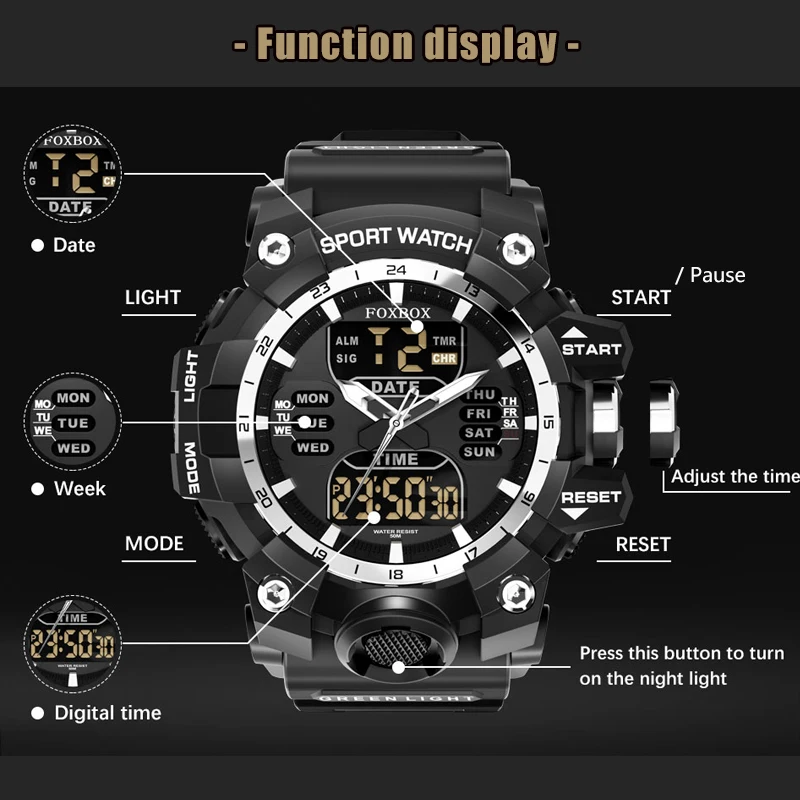 FOXBOX ใหม่นาฬิกาข้อมือสำหรับผู้ชาย Dual Time LED Jam Tangan Digital สำหรับกันน้ำผู้ชาย Chronograph ควอตซ์สีแดงทหารกีฬานาฬิกาข้อมืออิเล็กทรอนิกส์