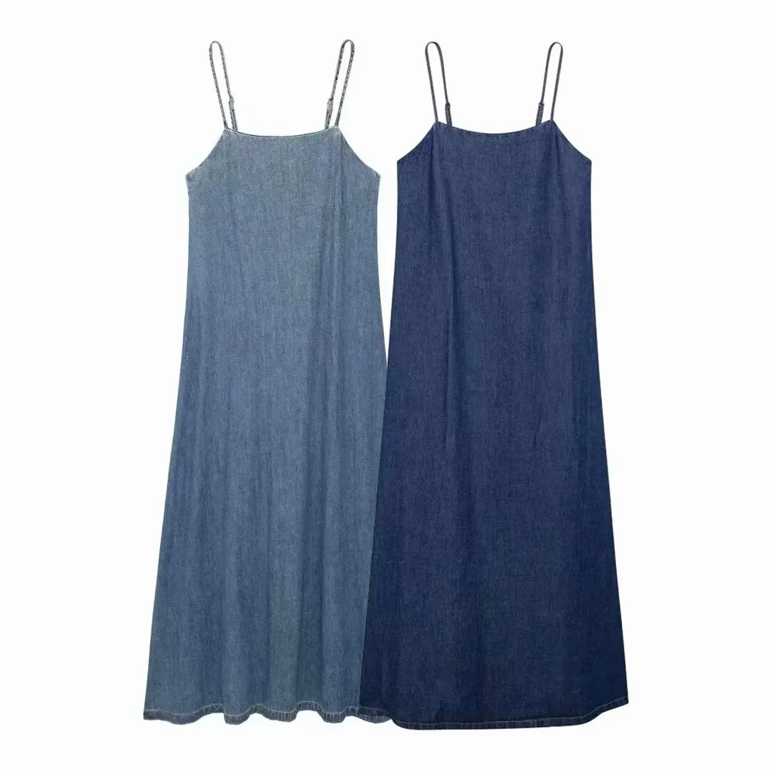 

TRAFZA Female Summer Elegant Dresses Sleeveless Backless Strapless Sling Pleat Female Beach Solid Denim Mid-length Dress Mujer