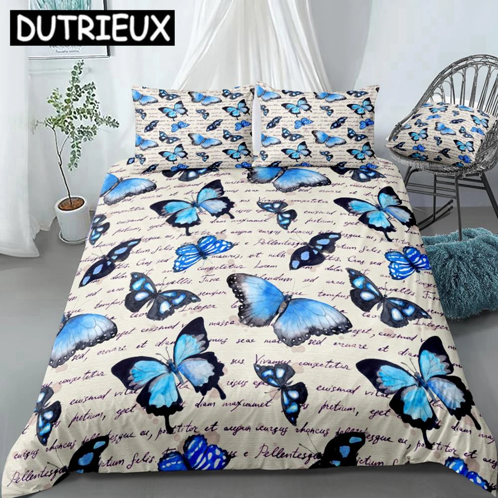 

Blue Butterflies Duvet Cover Set 3 Pieces Hand Written Text Note Bedding Kids Boys Girls Animal Quilt Cover Queen Dropship