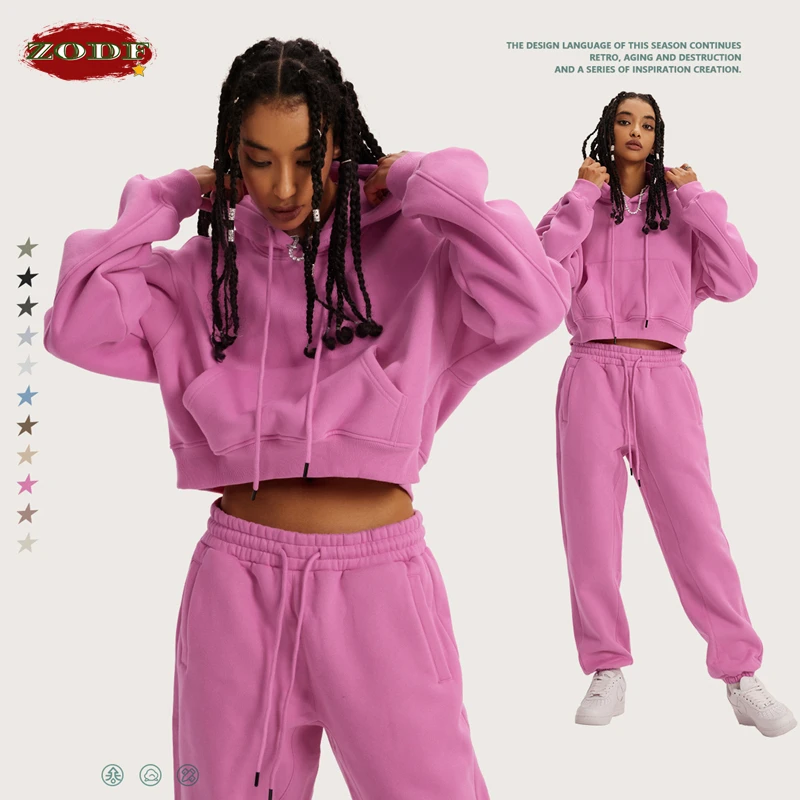 ZODF Chic Sexy Women Super-short Fleece Cropped Hoodies Girl Female Hip Hop Loose 345gsm Solid Hooded Pullover Streetwear HY0340