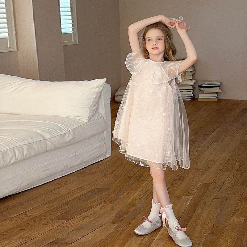 

2025 New Girls' Mesh Dresses Butterfly Design Fluffy Dress Kids Exquisite Elegant Princess Skirt Flying Sleeves Sweet Wind Gown