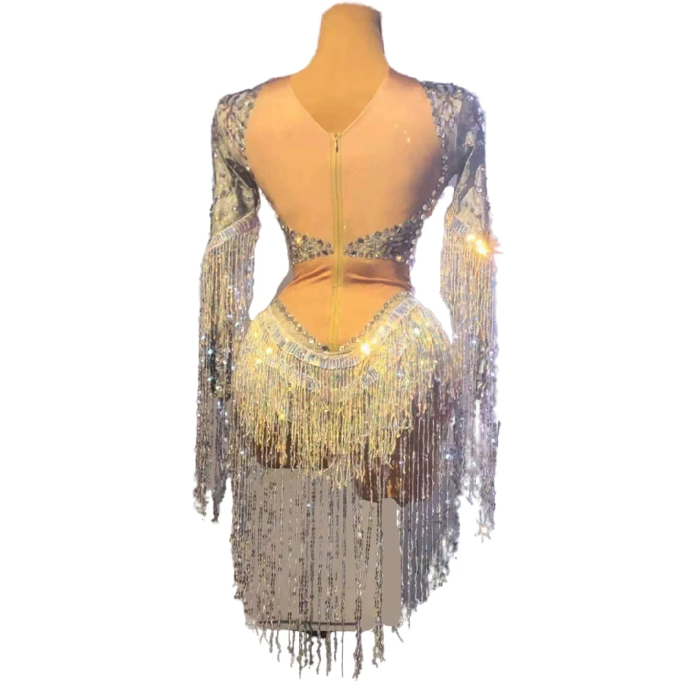 Tassel Women Crystal Rhinestone Bodysuits Bodycon Long Sleeves Dance Birthday Costume Party Stage Nightclub Drag Queen Outfit