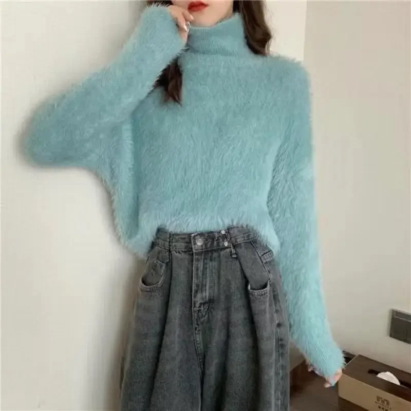 Autumn Winter 2024 Mink Cashmere Sweater Women Basic Knitted Pullover Elegant Soft Ladies Clothes Loose Casual F181