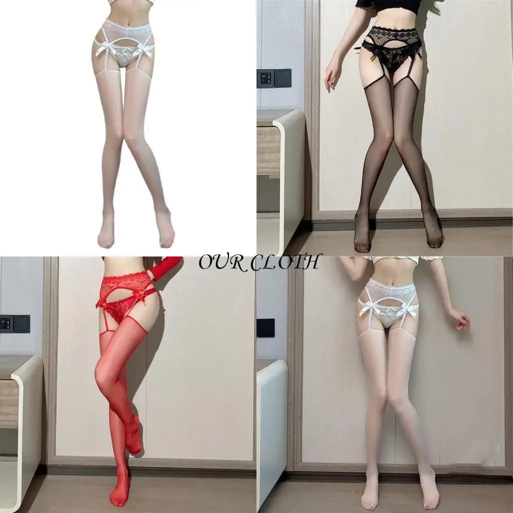 Womens Sheer Thigh High Stockings Pantyhose with Garter Belt Lace Top Bowknot See Through Silk Suspender Tights Y1AC