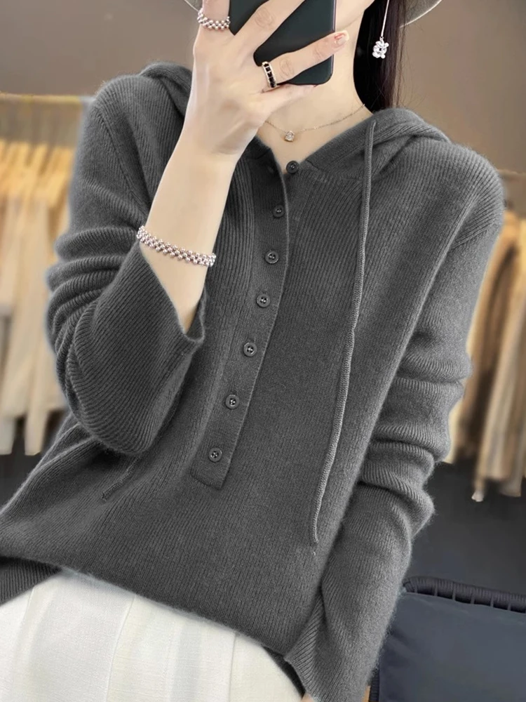 

Dstring Hooded Sweatirt Casual Long Sve Knitted Comfortable Soft Women's Top Korean Sle Commute Faion Straight Cut