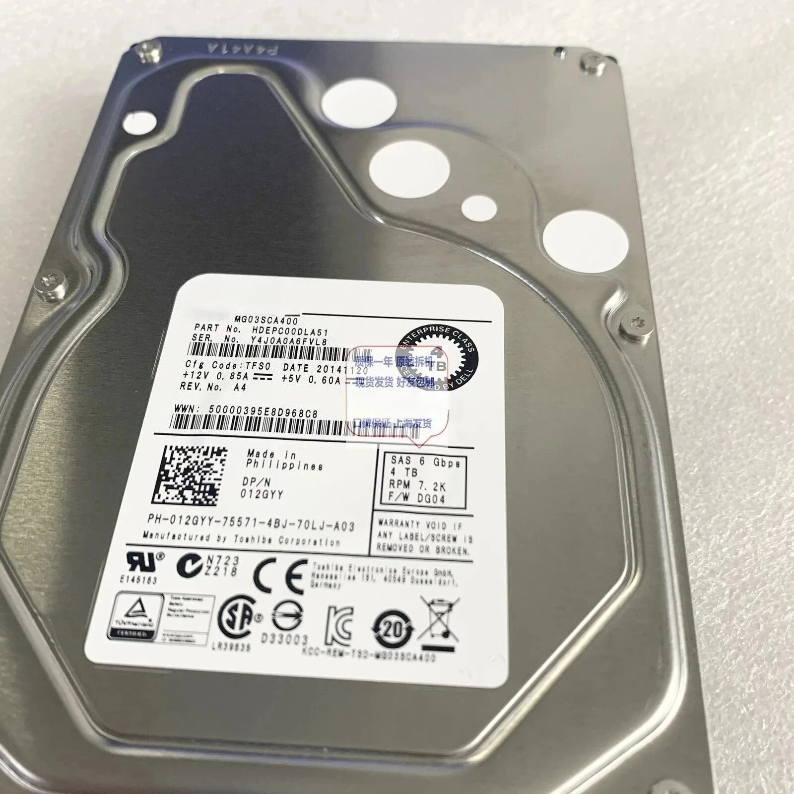 

Used Storage Server Hard Disk 12GYY 4TB SAS MG03SCA400
