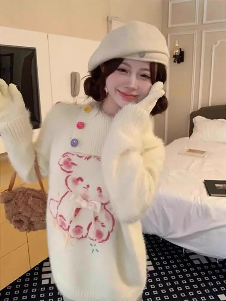 Super Soft Plush Winter Sweater Coat For Cute Rabbit 2024 New Model Printed Lapel Turtleneck Thicken Pullover Women Clothes