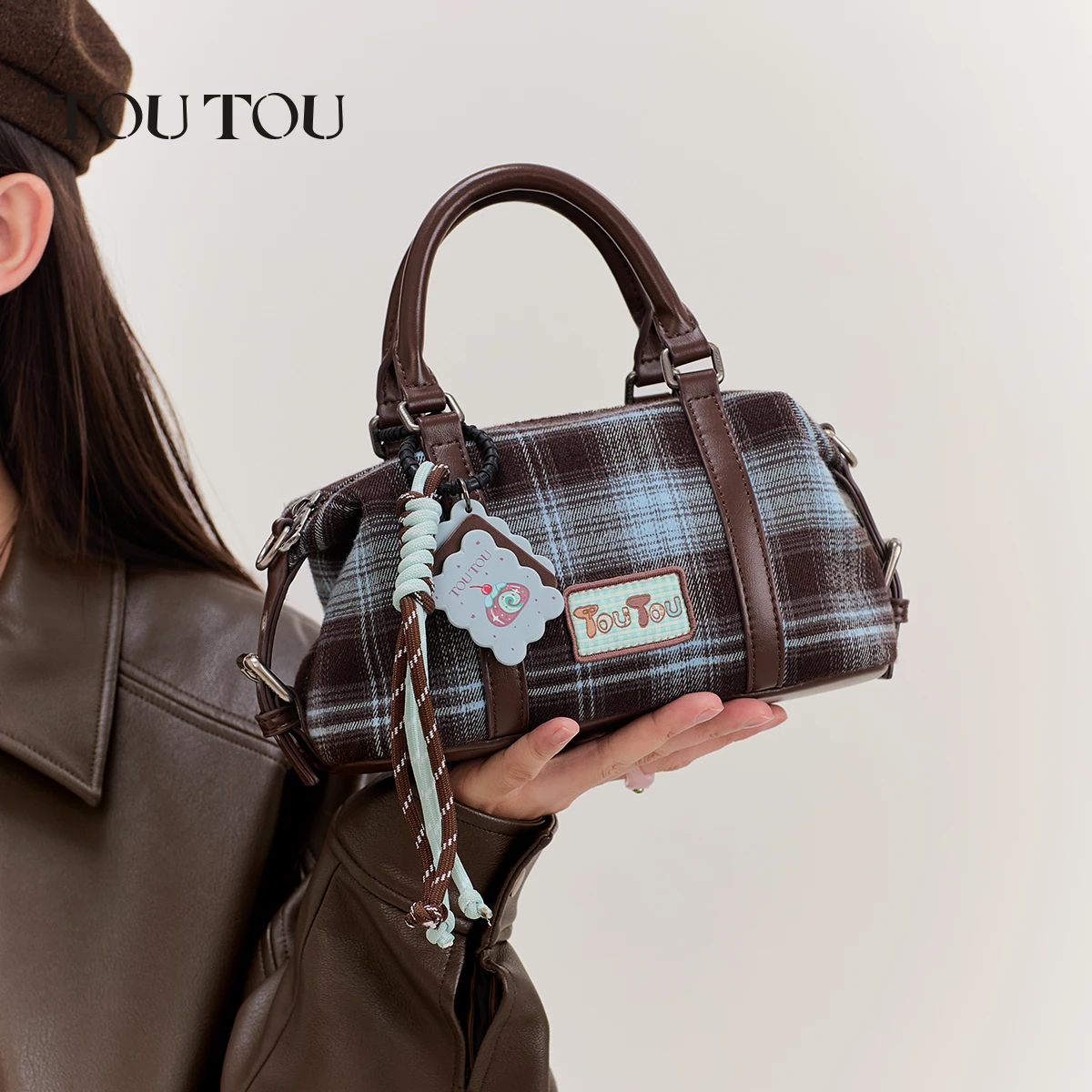 

toutou Plaid Wool Handbag | Bowling Bag | Boston Bag Christmas & New Year Gift Detachable Strap Women's Shoulder/Crossbody Bag