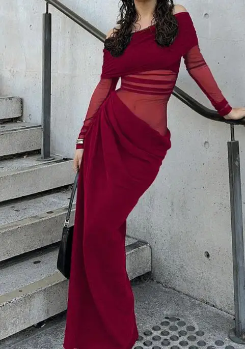 

2025 Elegant Off Shoulder Long Sleeved Mesh See Through Long Skirt, Solid Color,one Cut Collar,sexy Waist and Hip Cinching Dress