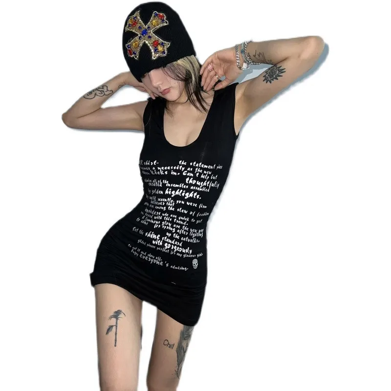 Woman Dress Y2k Clothes Black Letter print Gothic Punk Sleeveless Sexy Summer Femme Vestidos De Mujer Slim Mini Dresses Bodycon