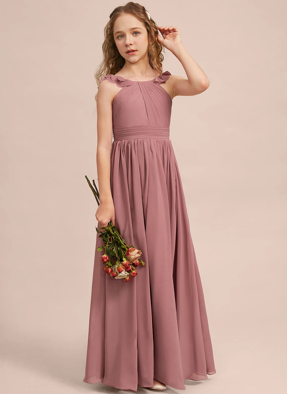 

YZYmanualroom A-line Scoop Floor-Length Chiffon Junior Bridesmaid Dress With Flower /Custom Made