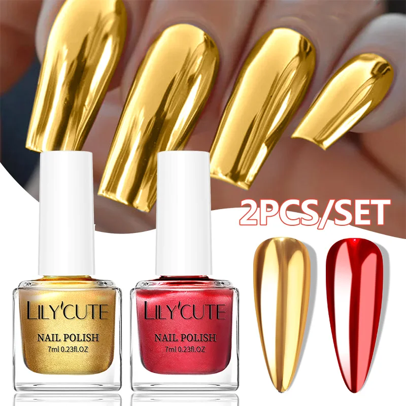 LILYCUTE 7ml 2Bottles Super Bright Champagne Gold Metallic Nail Polish No Need Lamp Quick Dry Glass Bottle Regular Nail Polish