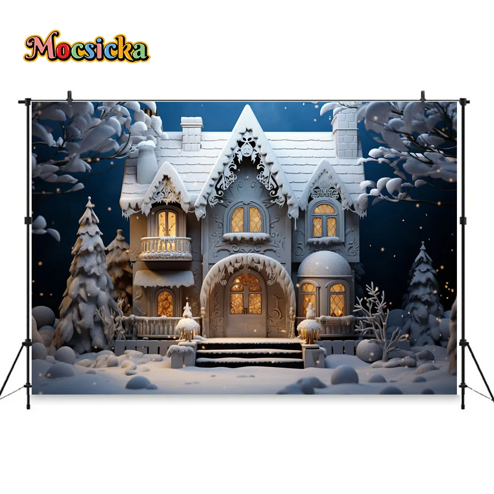 Winter Christmas Night Background Blue Fairy Tale House Snowy Decor Backdrop  for Studio Photography Children Photoshoot Props