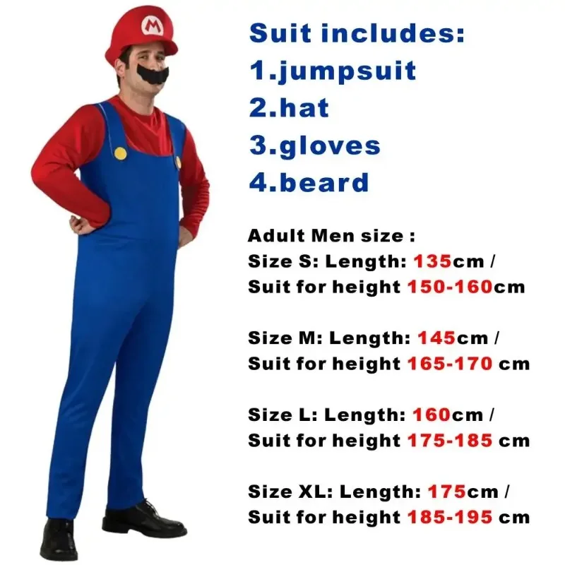 Anime Super Luigi Brothers Cosplay Volwassen Mannen en Vrouwen Halloween Kostuum Jumpsuit Met Hoed Snor Handschoenen