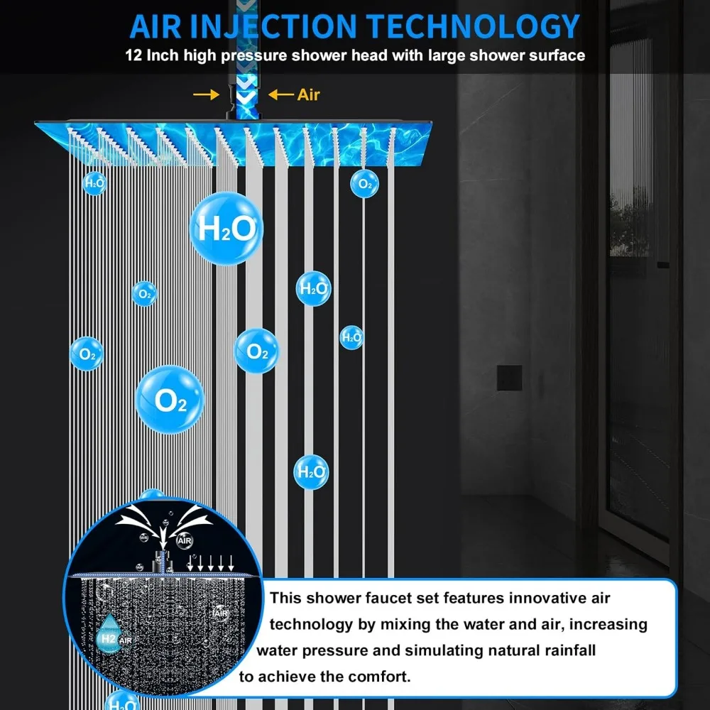 Zestaw baterii prysznicowych, 12-calowy system prysznicowy z deszczownicą do montażu sufitowego z 2 deszczownicami i wielofunkcyjnym przyciskiem ręcznej głowicy