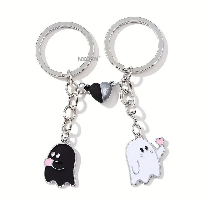 1 Pair Hand-Held Love Heart Ghost Drip Oil Alloy Keychain – Magnetic Buckle Couple Creative Pendant, Halloween Souvenir Gift for