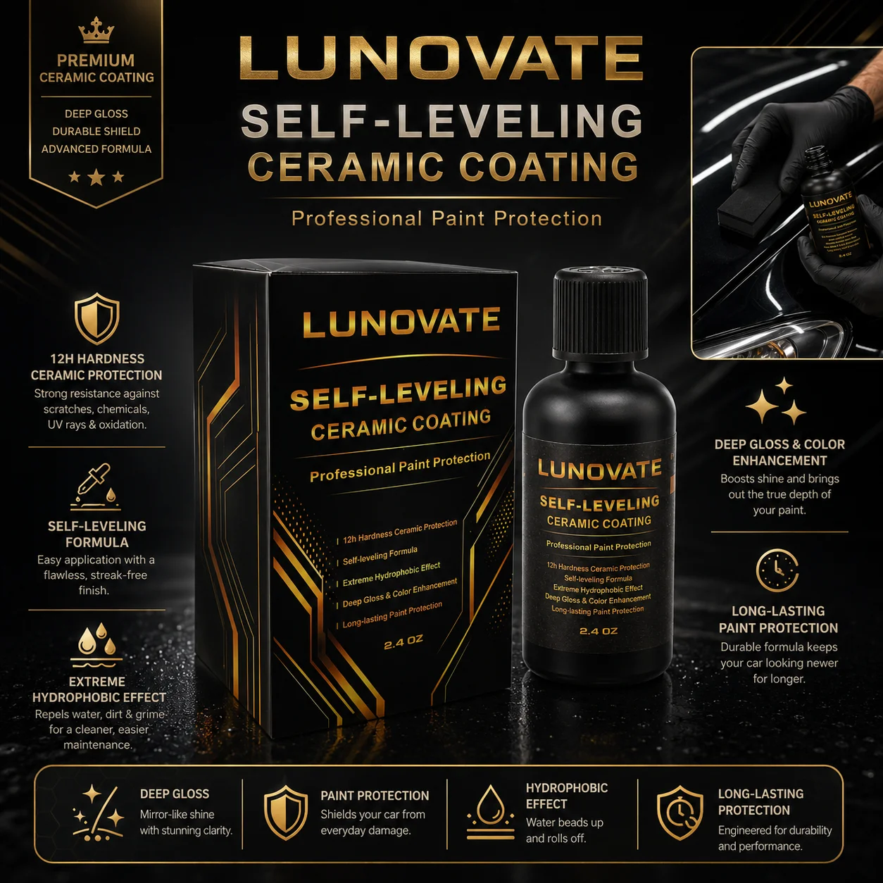 LUNOVATE Self-Leveling Ceramic Coating 2.4OZ – 12H Hardness, Hydrophobic, Gloss Enhancement Paint Protection