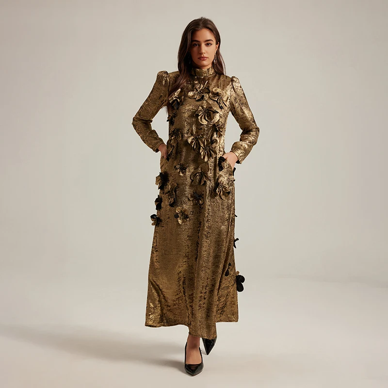 Luxury Runway French Autumn Golden 3D Floral Appliques Party Long Dress Elegant Women Stand Collar Lace Up Evening Robe Vestidos