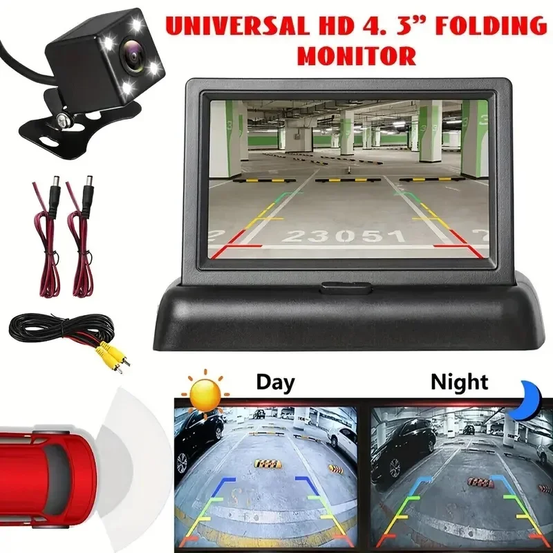 Foldable Car Monitor 4.3-inch TFT LCD HD Parking Monitor Night Vision With Reverse Camera for Car MPV RV SUV Parking